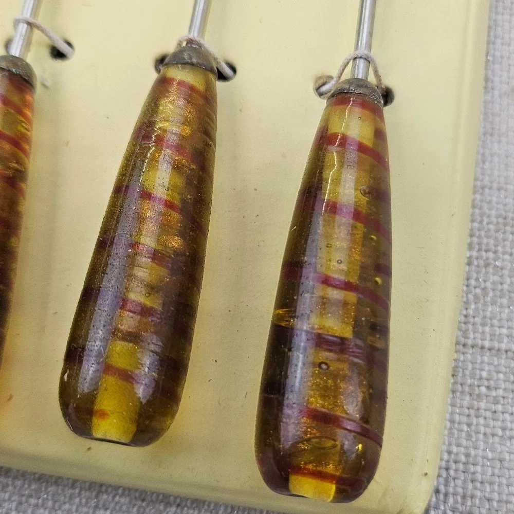 Vtg Appetizer Pick Set 8pc Amber Swirl Resin Handles Stainless Steel 510/5102